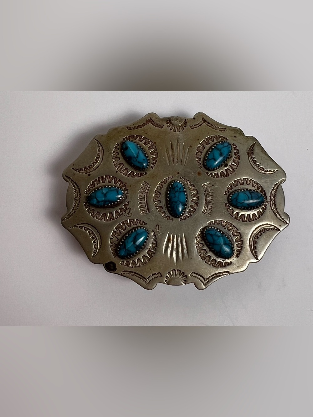Turquoise Nickel Silver Frontier Buckles Belt VTG Western Style Oval